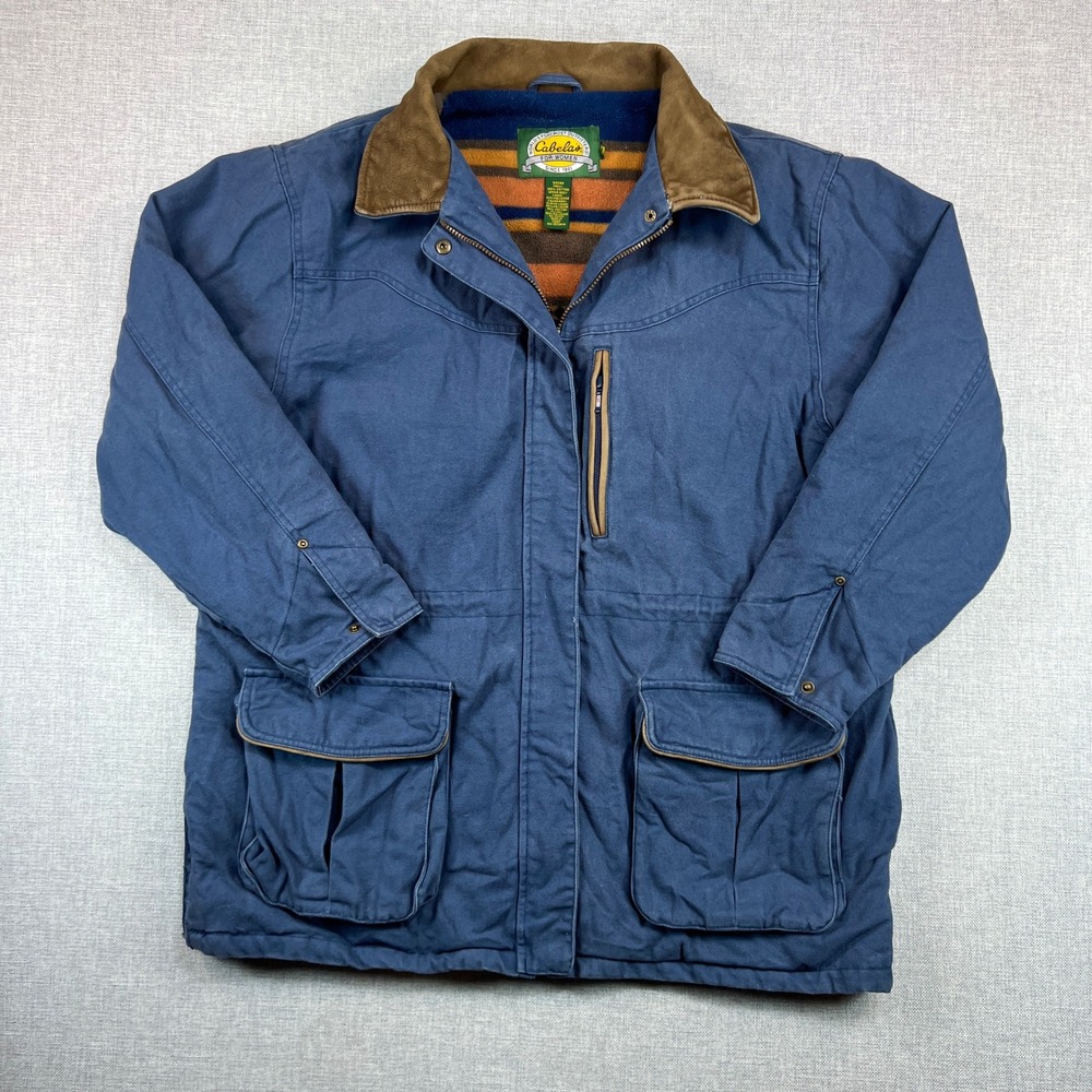 Cabela's Navy Blue Canvas Utility Jacket with Brown Corduroy Collar